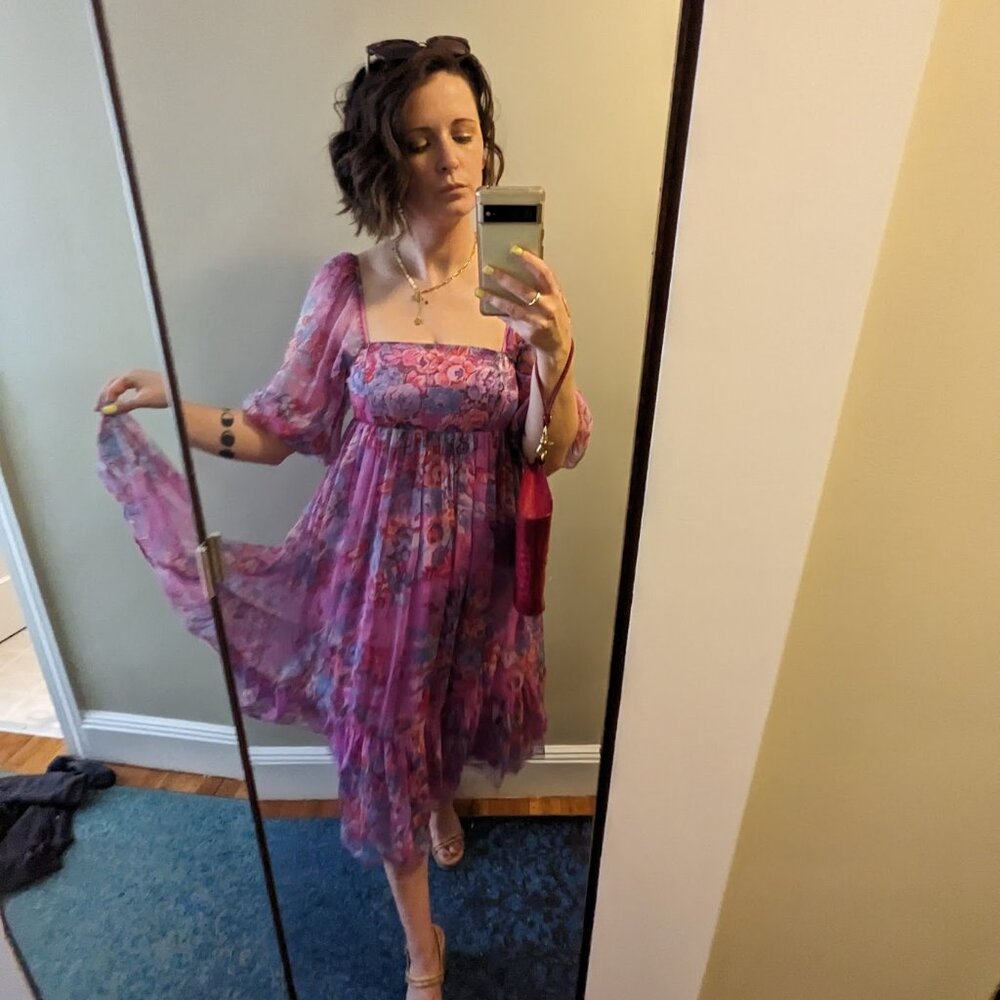 Storia Lilac Floral Square Neck Babydoll Puff Sleeve Organza Dress Size S